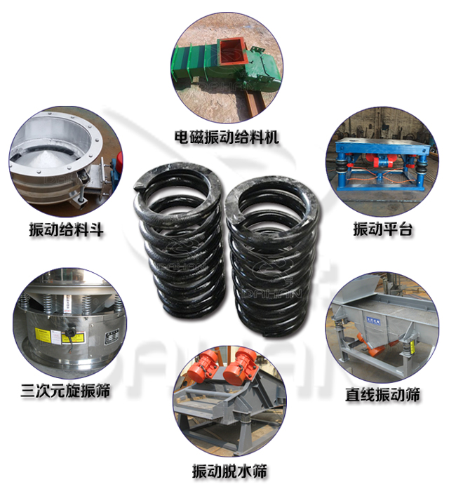 旋振篩減震彈簧適用產(chǎn)品：振動(dòng)給料機(jī)，電磁振動(dòng)給料機(jī)，振動(dòng)平臺(tái)，直線振動(dòng)篩，振動(dòng)脫水篩，三次元旋振篩。